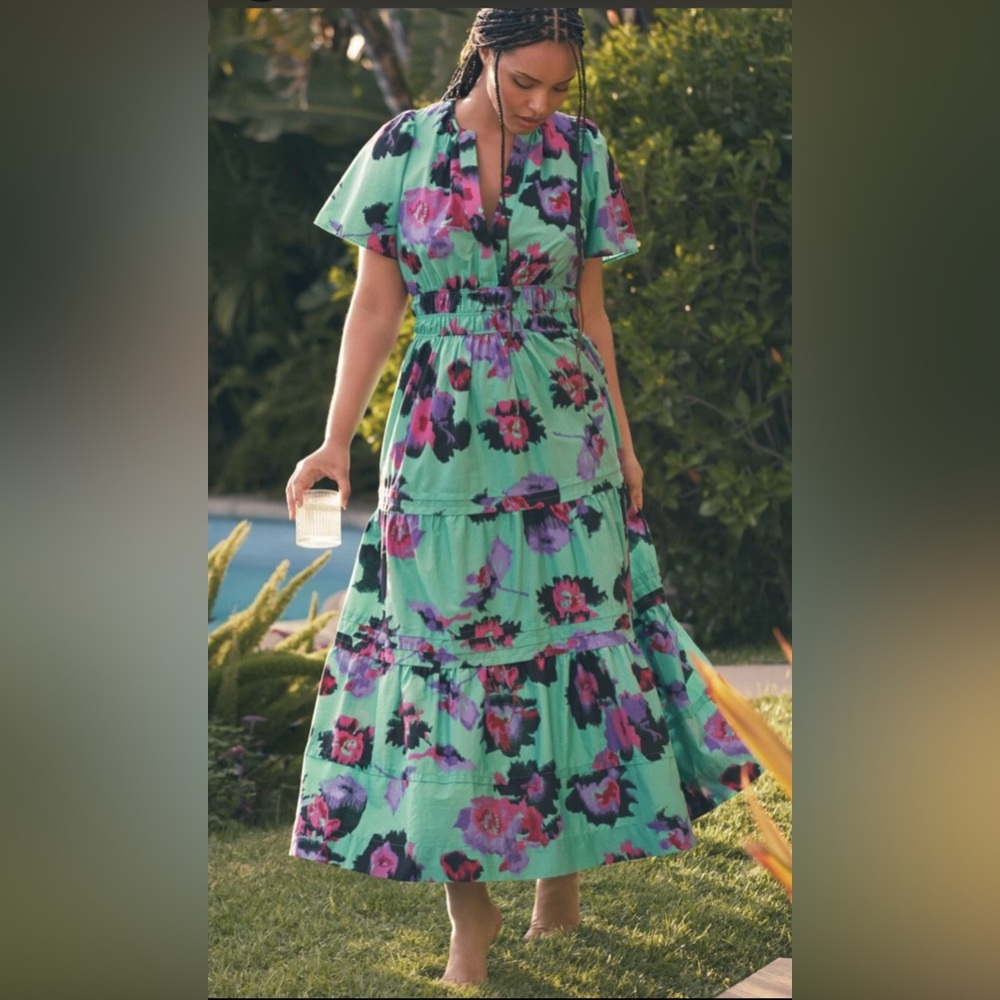 Anthropologie Mint Green Maxi Dress with Purple & Black Floral Print - Picture 2 of 16